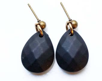 Large Black Teardrop Earrings - matte black earrings, black crystal dangle earrings, matte black jewelry, black crystal earrings bronze