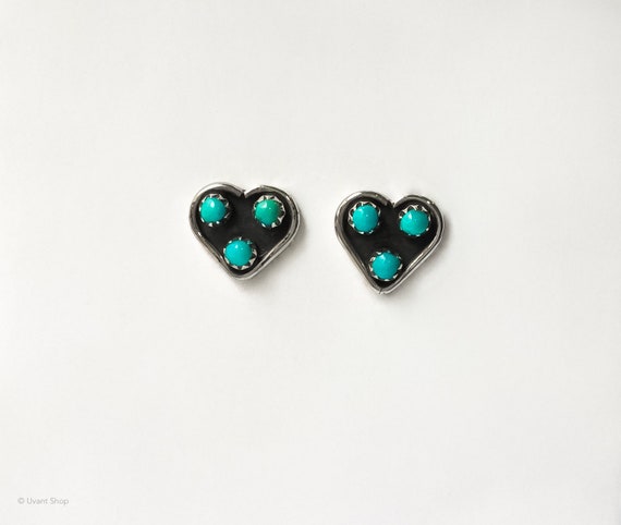 Turquoise Heart Stud Earrings -1970s jewelry, Zun… - image 4