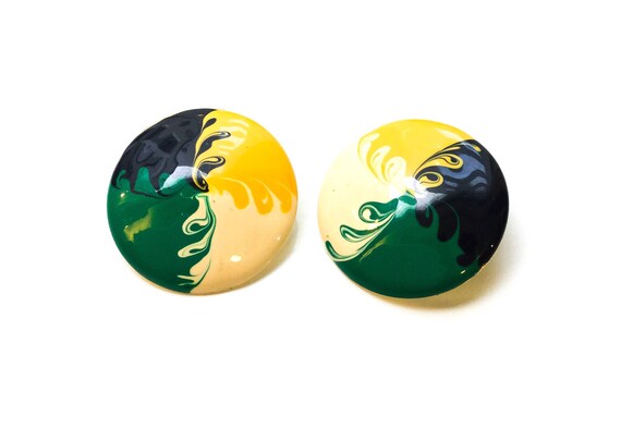 Psychedelic Enamel Earrings ON SALE - black green… - image 1