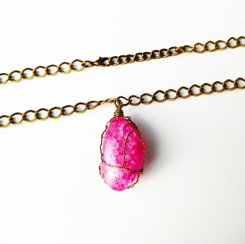 Neon Pink Agate Necklace handmade ON SALE hot pink crystal necklace gold tone metal, wire wrapped gemstone jewelry handmade image 1