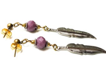 Silver Feather Dangle Earrings - purple feather earrings, bird jewelry, feather jewelry, lightweight boho earrings, pastel purple earrings