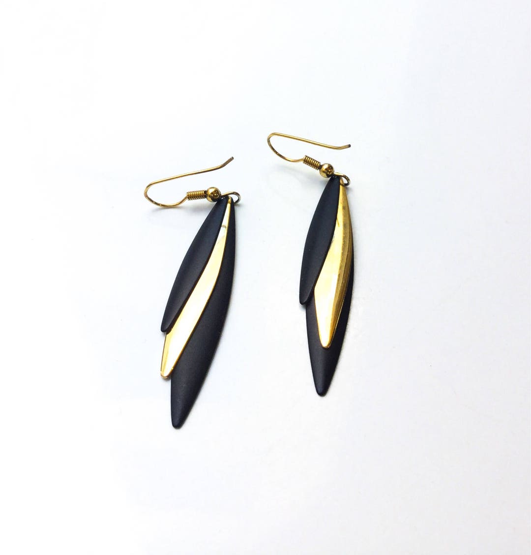 Vintage Black Gold Enamel Earrings Black Enamel Earrings, Dangly