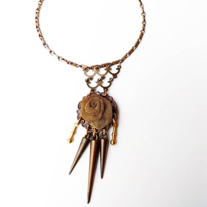 Trippy Gothic Rose Necklace ON SALE assemblage necklace, handmade metal flower necklace, art necklaces bronze, large flower pendant image 3
