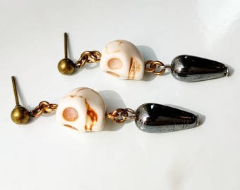 Crystal Skull Dangle Earrings ON SALE - hematite earrings, handmade dangle earrings, gothic earrings, creepy earrings