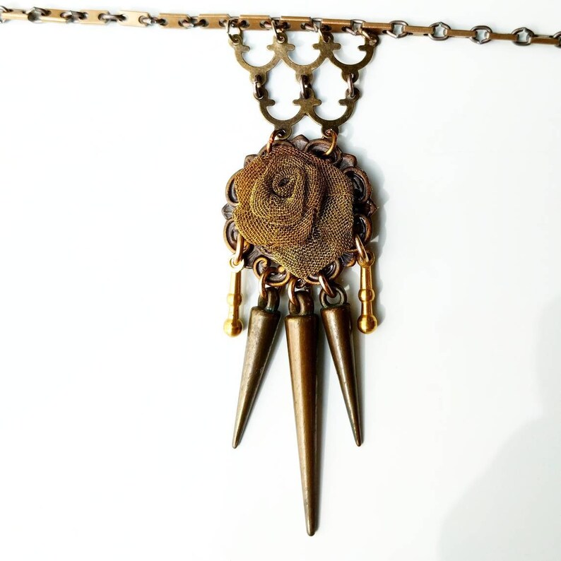 Trippy Gothic Rose Necklace ON SALE assemblage necklace, handmade metal flower necklace, art necklaces bronze, large flower pendant image 2