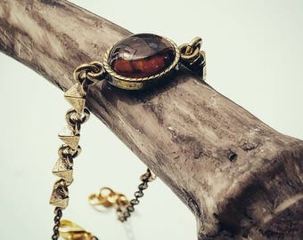 Faux Amber Chain Bracelet - gothic stone bracelets bronze, amber stone spike bracelet, handmade goth bracelet