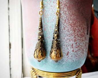 Handmade Gothic Dangle Earrings bronze ON SALE - Victorian earrings, brass filigree earrings, rustic earrings, gothic jewelry