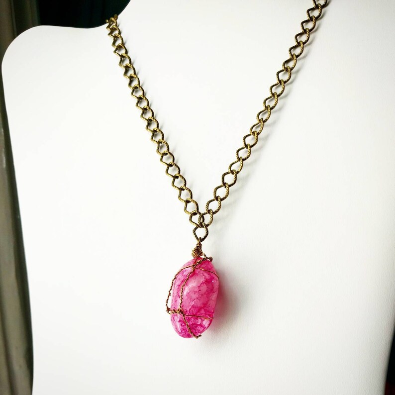 Neon Pink Agate Necklace handmade ON SALE hot pink crystal necklace gold tone metal, wire wrapped gemstone jewelry handmade image 2