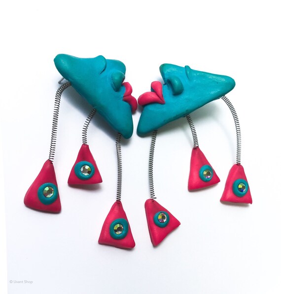 Huge 80s Turquoise Moon Earrings - unsual vintage