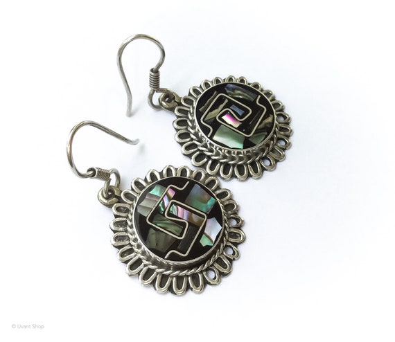 Silver Aztec Dangle Earrings - sterling silver ps… - image 2