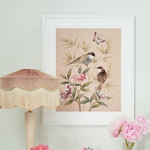 Bonnie neutral wall art print / Bird botanical art print / Vintage flower wall art / Chinoiserie print / Chinese art print / Bird print