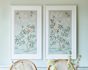 Mariya & Lilly Blue / Pastel Chinoiserie wall art /  Set of two art prints / peony and butterfly Japanese painting /  Gifts for her