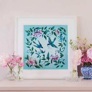 Julia blue celestial star art print / Bird and flower wall art / Aqua blue print / Watercolor illustration print / Square art print