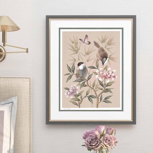Rosie bird and butterfly botanical art print / Neutral wall art / Chinoiserie artwork / Bird illustration print / Art print vintage