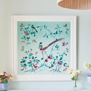 Pippa bird and flower watercolour art print / Large and small art print / Sky blue tree and flower wall art / Framed art print