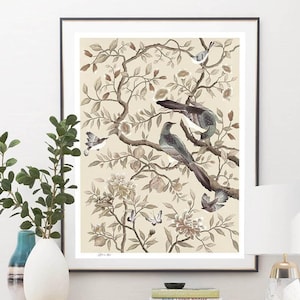 Felicity neutral Chinoiserie art print / Bird flower and tree branch wall art / Chinoiserie panel / Boho art print