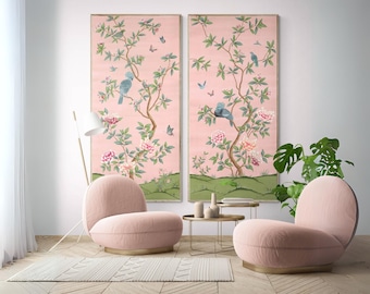 Euphoria pink floral art prints A & B Set of Two / Faraway Land Collection / chinoiserie wall panel / art print / bird print / botanical art