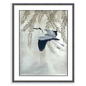 Silver Leaf Great Blue Heron Original Chinoiserie Painting / Japanese heron painting / bird painting / botanical wall art / silver painting