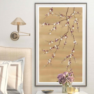 アリアの桜のアートプリント / シノワズリパネル / ニュートラルな壁アート / 花と枝の木の絵画 / 背の高い垂直壁アート / 花のアート