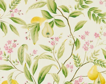 Marie wallpaper botanical branches pears flowers / Pink green yellow wall covering / Harlequin wallpaper roll kitchen, living, dining