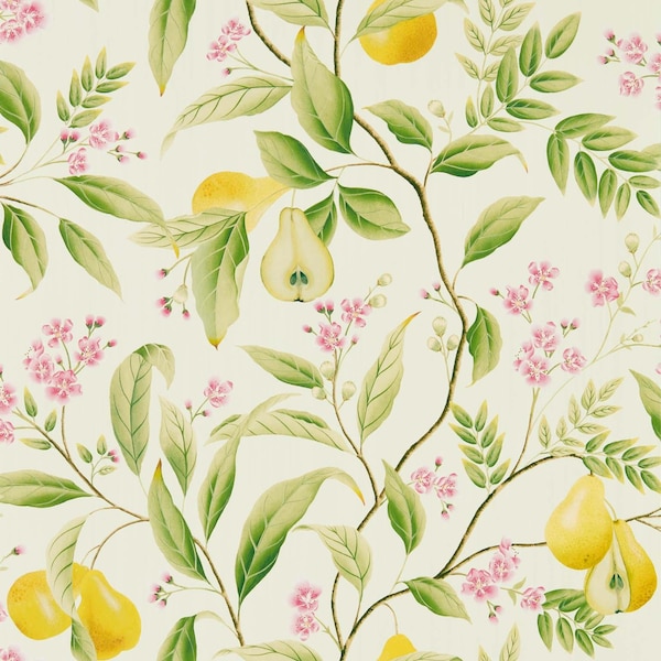 Marie wallpaper botanical branches pears flowers / Pink green yellow wall covering / Harlequin wallpaper roll kitchen, living, dining