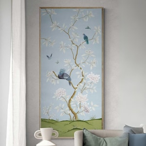 Impresión de arte vintage azul y blanco Aurora (B) / Colección Faraway Land / impresión de panel de pared chinoiserie / obras de arte florales / impresión de carteles de pájaros