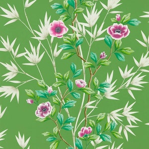 Lady Alford wallpaper vibrant green pink floral chinoiserie trailing vine and bamboo