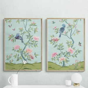 Eden blue floral art print A & B Set of Two / Faraway Land Collection / chinoiserie wall art print / bird art print / botanical art