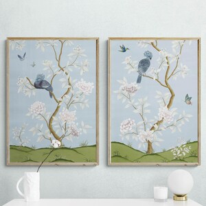 Aurora pastel blue floral print A & B Set of Two / Faraway Land Collection / chinoiserie print / blue floral print / bird print / wall art