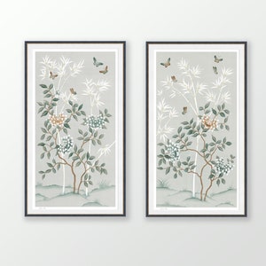 Pastel Chinoiserie wall art, Set of two art prints, peony and butterfly Japanese painting, Gifts for her