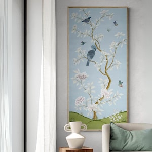 Aurora (A) blue and white chinoiserie print / Faraway Land Collection / botanical print / wallpaper panel print / bird poster / floral print