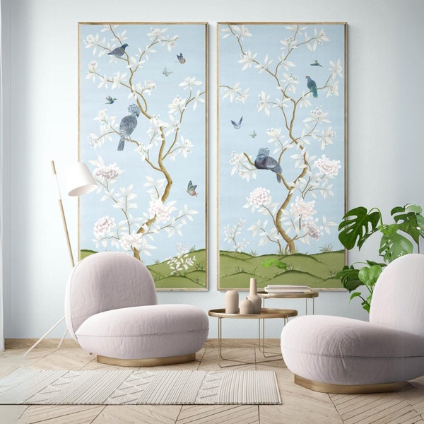 Aurora pastel blue floral print A & B Set of Two / Faraway Land Collection / chinoiserie wall panel artwork / blue home decor / bird print