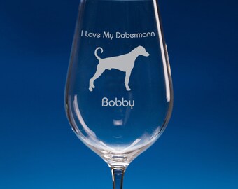 Personalised Doberman Wine Glass, Hand Engraved Doberman Dog Lover Gift, Doberman Engraved Glass, Dog Gift For Him, Gift For Dog Lovers