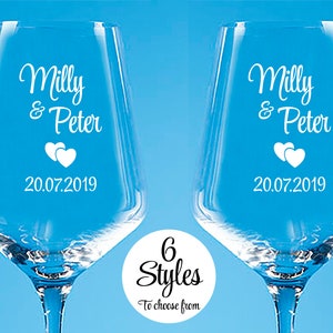 Bride and Groom Personalised Crystal Wine Glasses, Set of 2 Custom Wedding Glasses, Choice of 6 Wedding Designs, Wedding Gift Ideas
