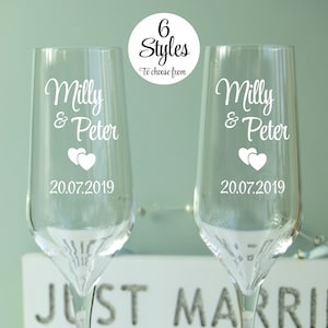 Personalised Wedding Champagne Flutes, 6 Design Choices Set of 2 Bride and Groom Toasting Glasses, Engraved Engagement Gift Toasting Flutes