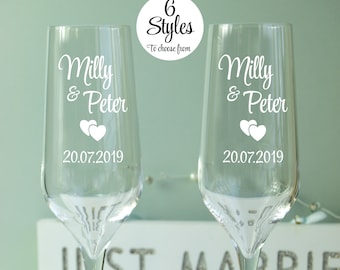 Copas de champán personalizadas para boda: copas de brindis de cristal grabadas a mano (juego de 2)