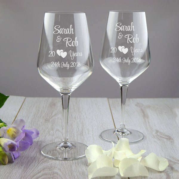 Personalised 20th Anniversary Wine Glasses, Set of 2, 20th Anniversary Gift, Friends 20th Wedding Gift, Mr and Mrs Glasses, 20 Years Gift