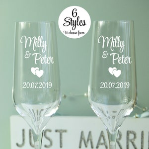 Bride and Groom Champagne Flutes, Set of 2 Personalised Wedding Champagne Glasses,  Choice of 6 Designs