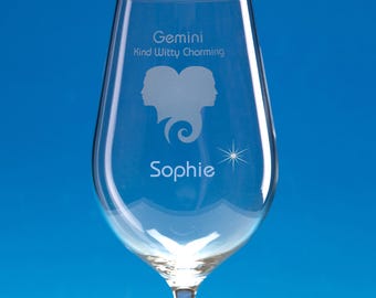 Personalized Gemini Wine Glass: Hand Engraved Zodiac Gift