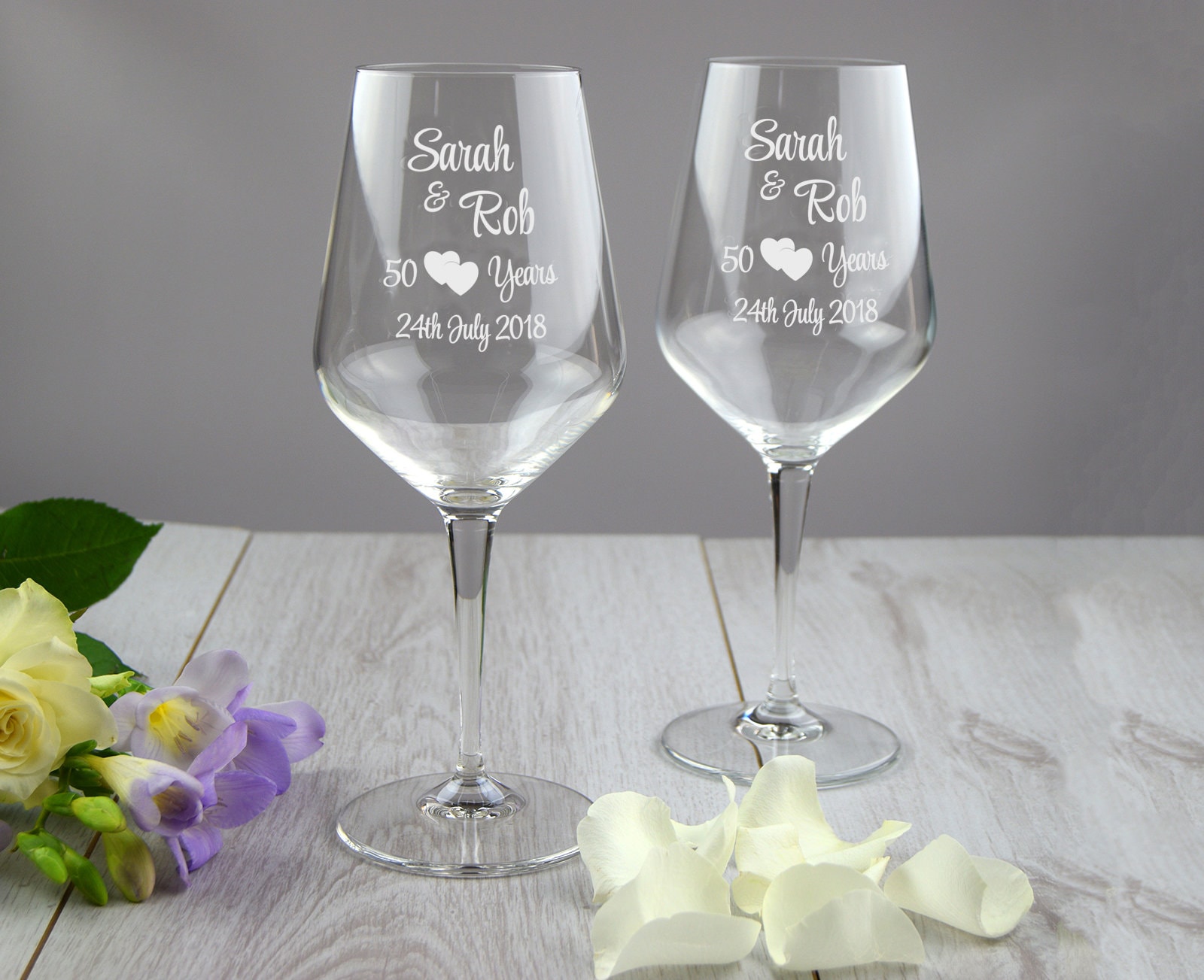 50th Anniversary Wine Glasses Personalised Set of 2 Golden