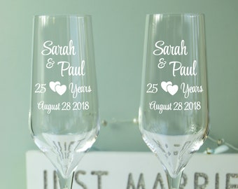 Personalised 25th Anniversary Champagne Glasses Set of 2, 25th Wedding Gift, Hand Engraved Toasting Flutes Silver Wedding Gift For Parents,