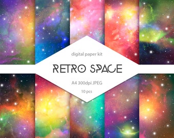 Retro futurism space digital paper. Science kits. Astrology background. Galaxy background. Outer space pictures. Galaxy paper. Space art.