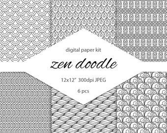Zen doodle digital scrapbooking paper. Black  white oriental patterns. Doodle art. Doodle background. Ethnic background. Hippie background