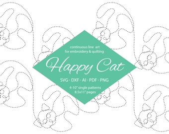 Cat SVG continuous line design for embroidery & quilting. Machine embroidery pattern for P2P, E2E, Pantograph, Longarm.  Bean stitch design.