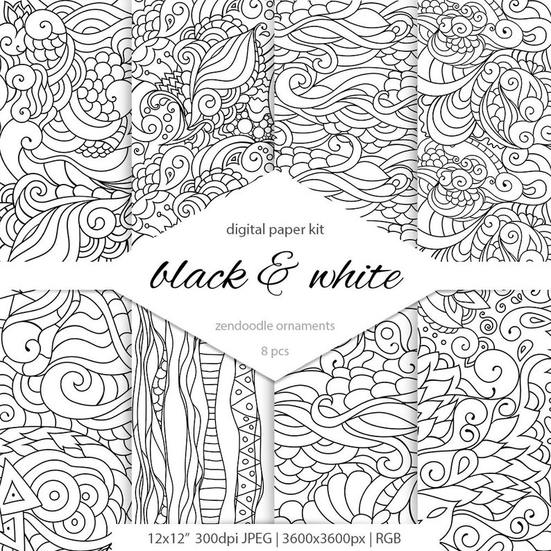 Black and White Oriental Patterns. Doodle Art. Doodle Etsy