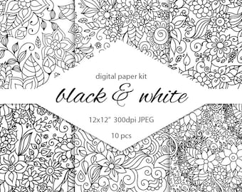 Black and white floral patterns. Doodle art. Doodle background. Zen doodle digital scrapbooking paper. Flowers background. Hippie background