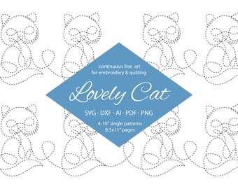 Cat SVG continuous line design for quilting & embroidery. Machine embroidery pattern for P2P, E2E, Pantograph, Longarm.  Bean stitch design.