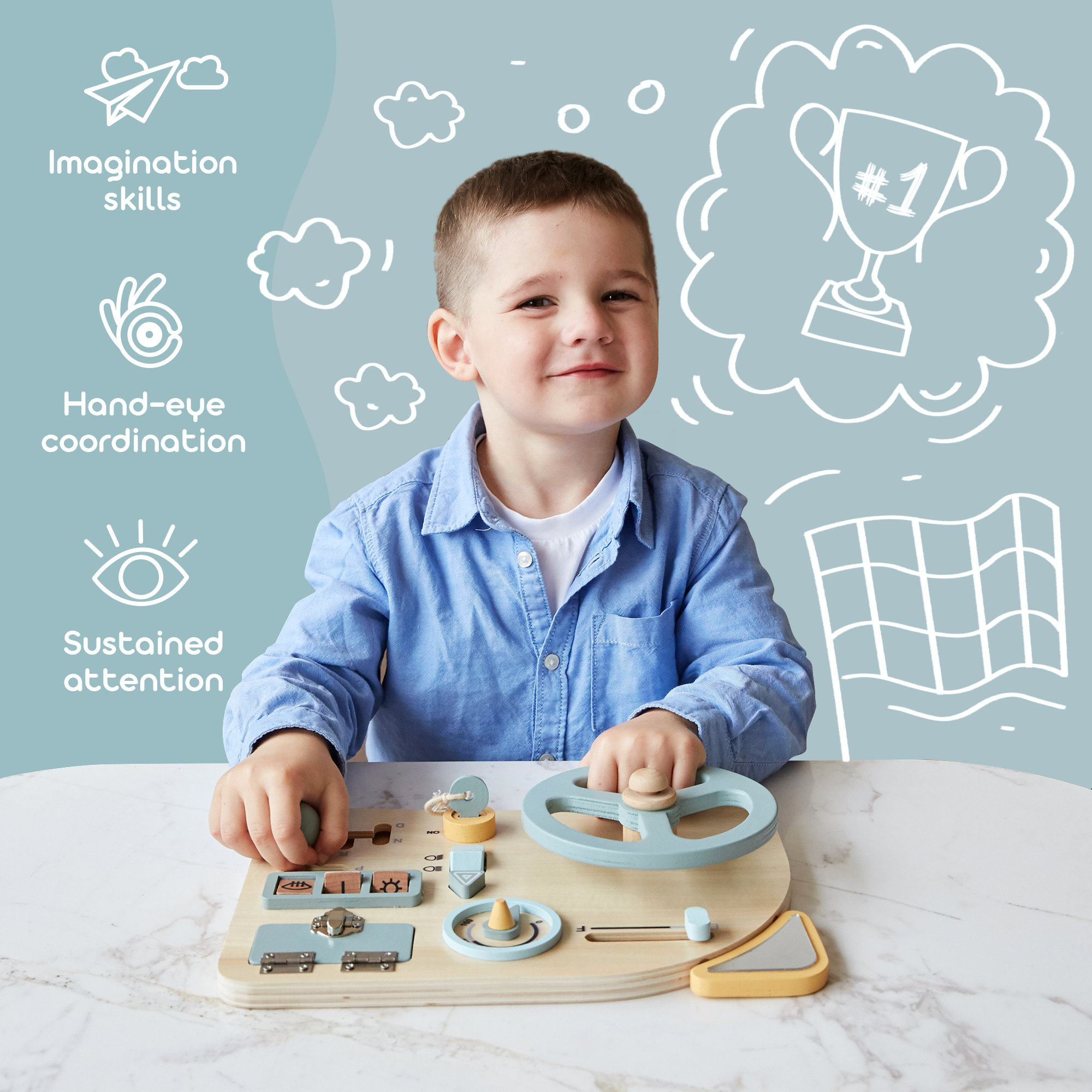 Montessori Toy Steering Wheel - Car Driving Busy Board for Toddlers - Wooden Sensory Activity Board for Kids 1 2 3 4 Year Old