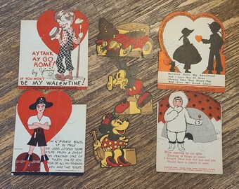 Vintage Valentine Lollipop Cards (4) E Rosen Company Mickey Mouse Minnie Mouse Cardboard Pirate Eskimo Couple Country Boy