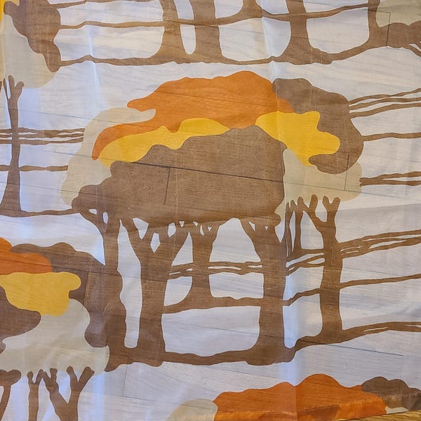 Vintage 1970s Sheer Tree Shower Curtain Hygiene Industries USA Orange Brown Landscape Boho Mid Century Polyester